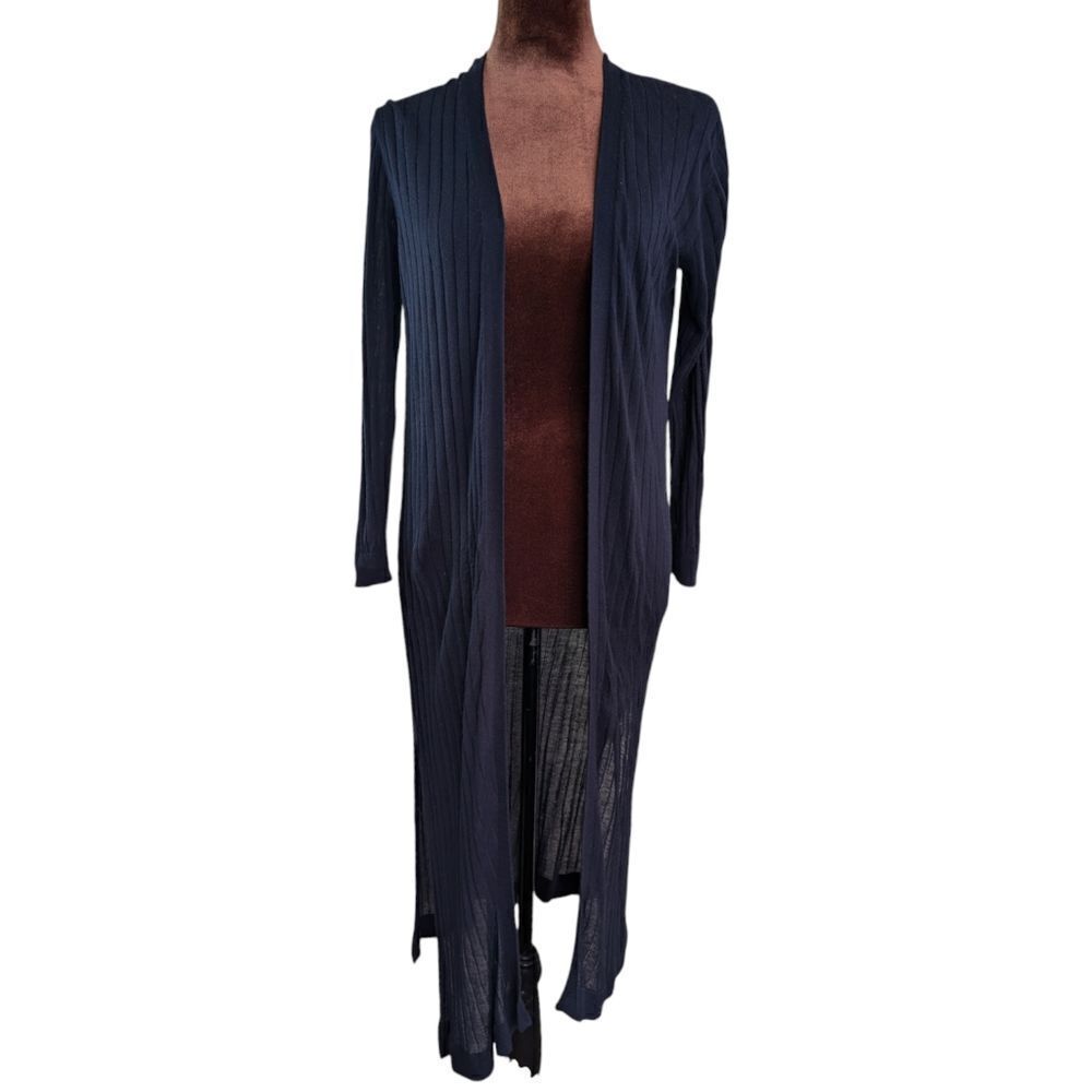 Philosophy navy ribbed long duster cardigan, open front, size L, viscose
